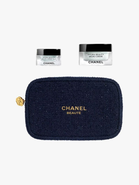 Chanel Hydra Beauty Maximum Moisture Skincare Set in multiple branded components on a light gray background