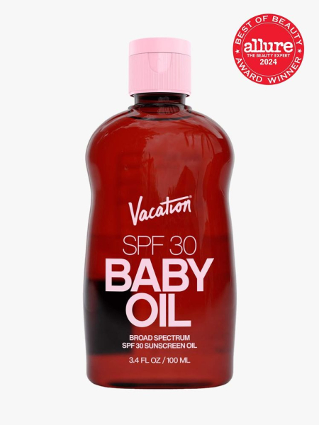Vacation Baby Oil SPF 30 branded red bottle component with pink accents on a light gray background with red Allure Best of Beauty seal in the top right corner