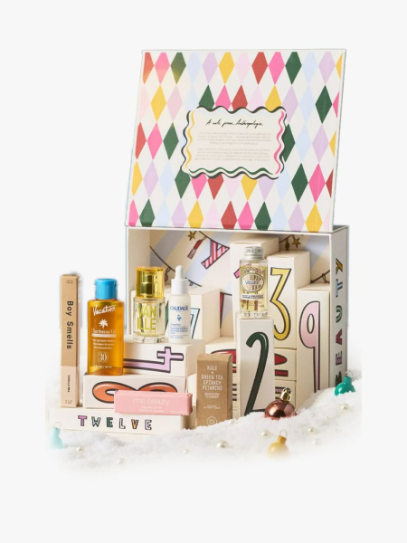Anthropologie The 12 Days of Beauty Advent Calendar in branded components on a light gray background