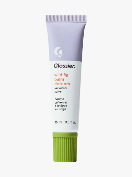 Glossier Balm Dotcom lavender and white tube of lip balm with green cap on light gray background